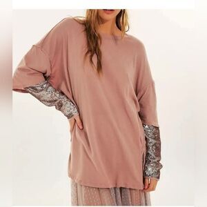 Free People Nellie Twofer Mauve Oversized Sequin Sleeve Shirt Tunic Slouchy Sz M